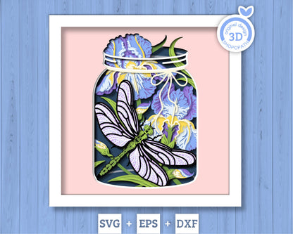Dragonfly with Iris in Jar - 3D Shadow Box Layered SVG DXF EPS (Cutting Files)