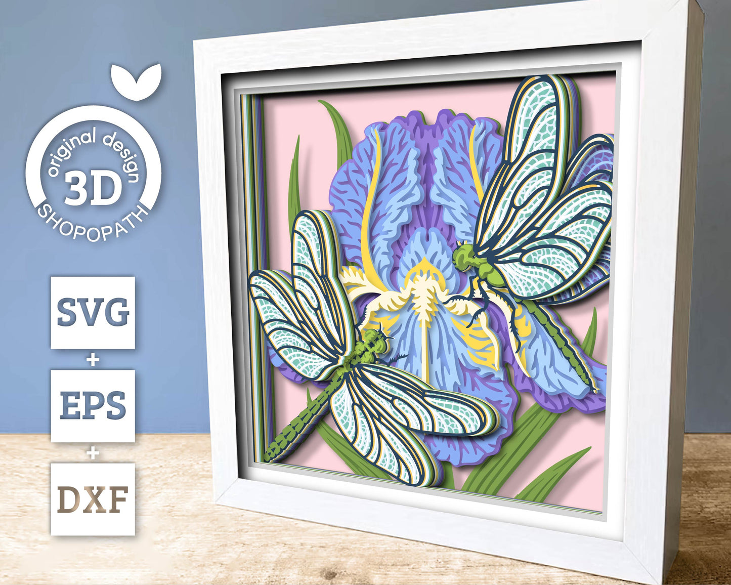Dragonflies with Iris Flower - 3D Shadow Box Layered SVG DXF EPS (Cutting Files)