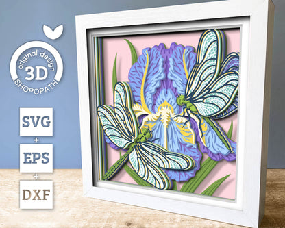Dragonflies with Iris Flower - 3D Shadow Box Layered SVG DXF EPS (Cutting Files)