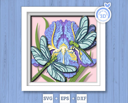 Dragonflies with Iris Flower - 3D Shadow Box Layered SVG DXF EPS (Cutting Files)