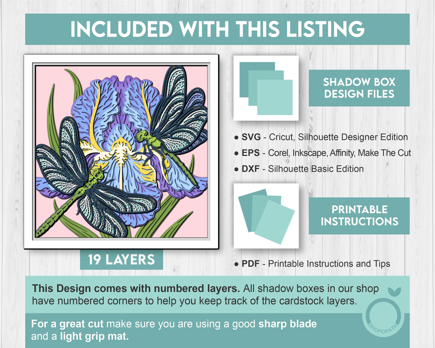 Dragonflies with Iris Flower - 3D Shadow Box Layered SVG DXF EPS (Cutting Files)