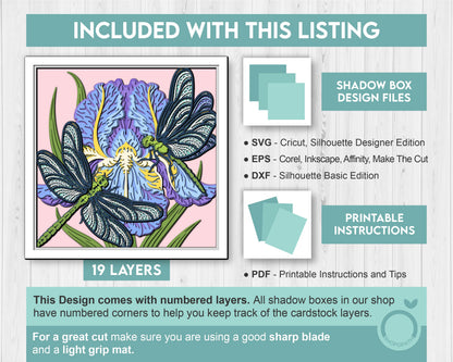 Dragonflies with Iris Flower - 3D Shadow Box Layered SVG DXF EPS (Cutting Files)