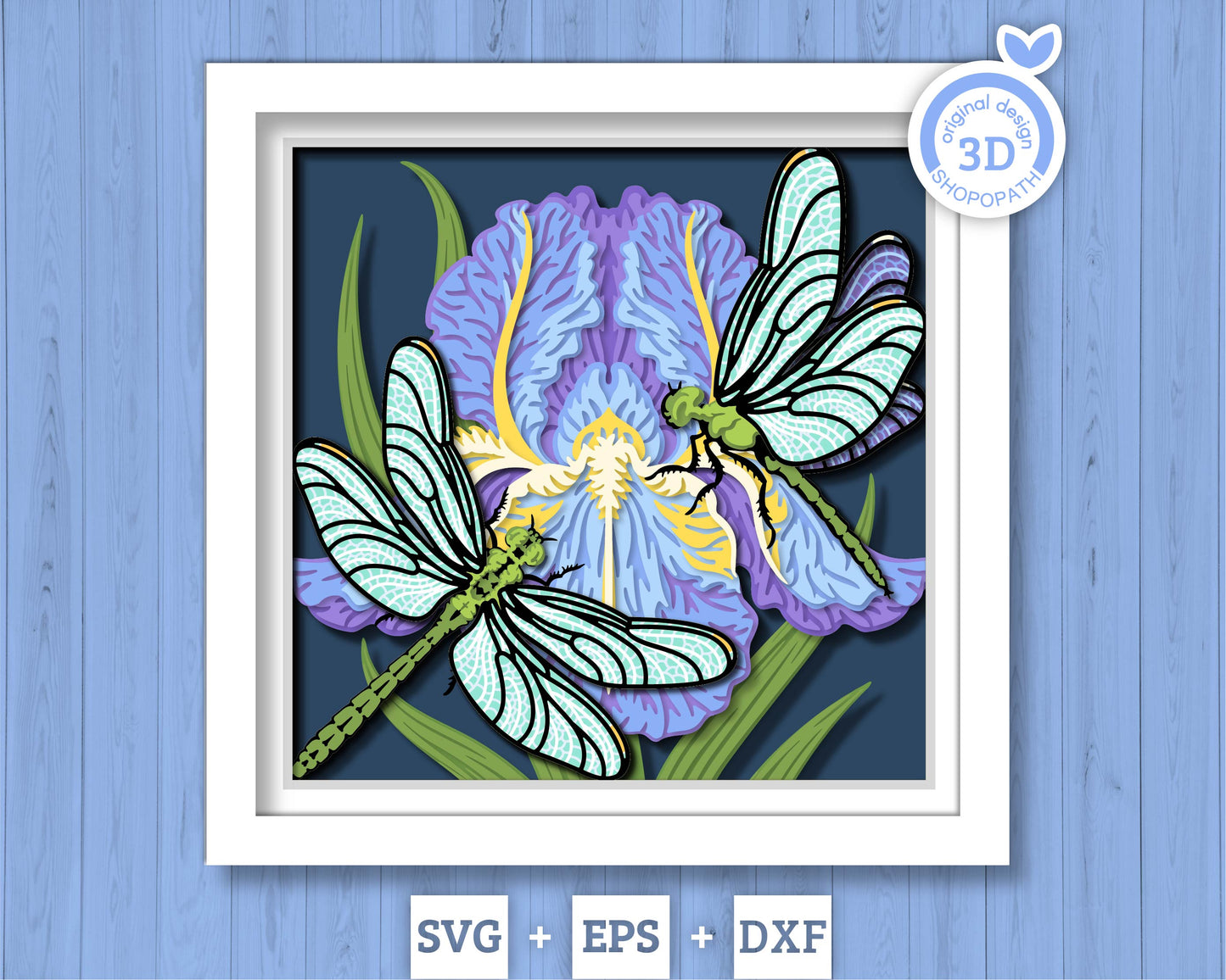 Dragonflies with Iris Flower - 3D Shadow Box Layered SVG DXF EPS (Cutting Files)