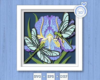Dragonflies with Iris Flower - 3D Shadow Box Layered SVG DXF EPS (Cutting Files)