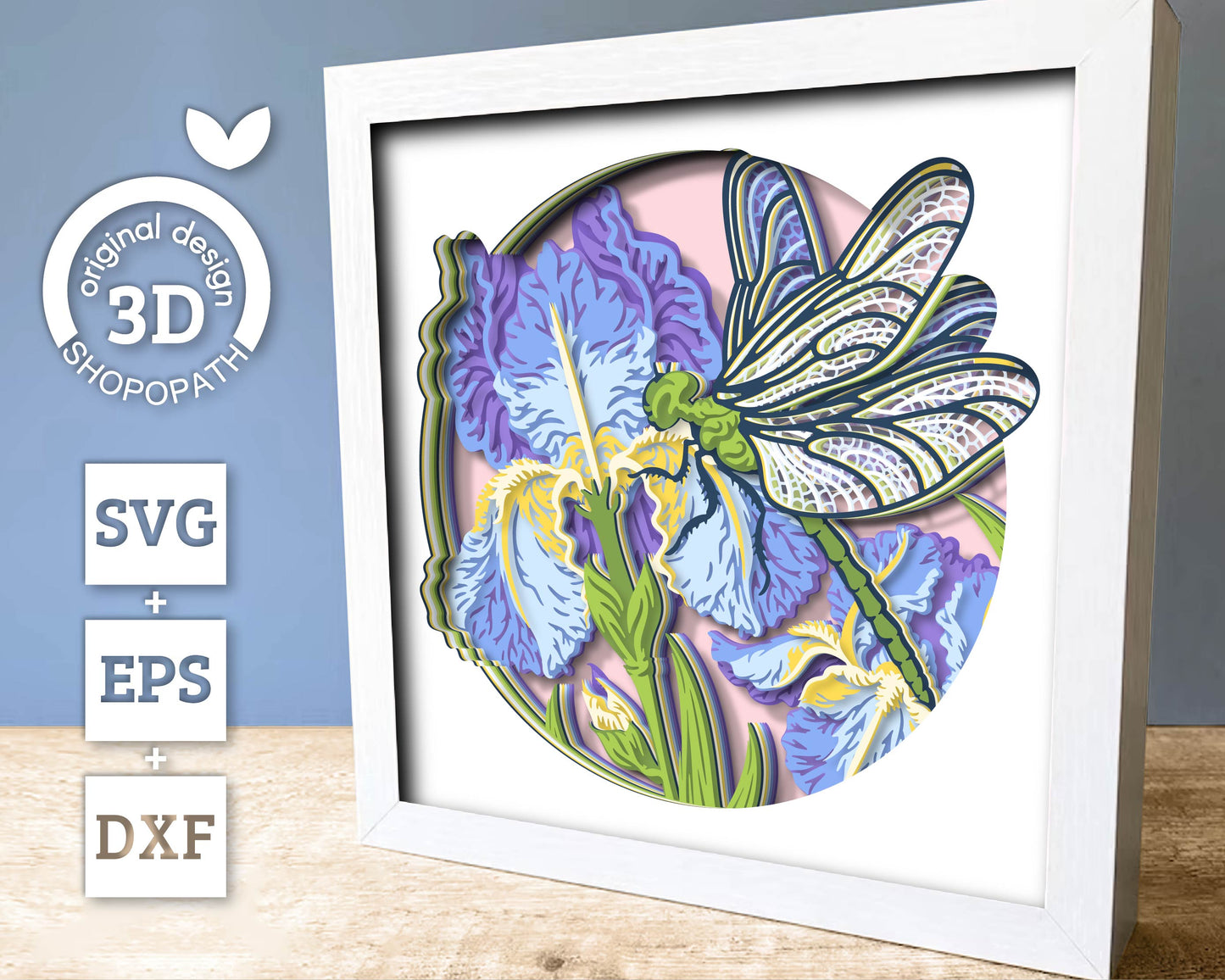 Iris Flowers with Dragonfly - 3D Shadow Box Layered SVG DXF EPS (Cutting Files)