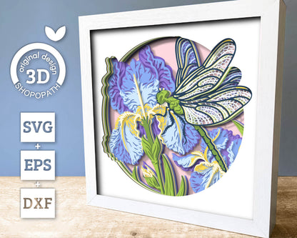 Iris Flowers with Dragonfly - 3D Shadow Box Layered SVG DXF EPS (Cutting Files)
