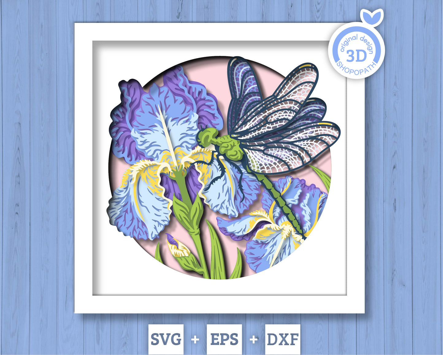 Iris Flowers with Dragonfly - 3D Shadow Box Layered SVG DXF EPS (Cutting Files)