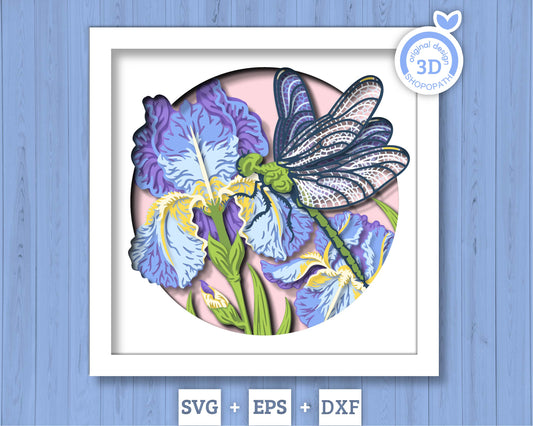 Iris Flowers with Dragonfly - 3D Shadow Box Layered SVG DXF EPS (Cutting Files)