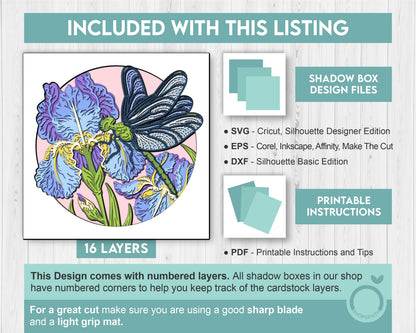 Iris Flowers with Dragonfly - 3D Shadow Box Layered SVG DXF EPS (Cutting Files)