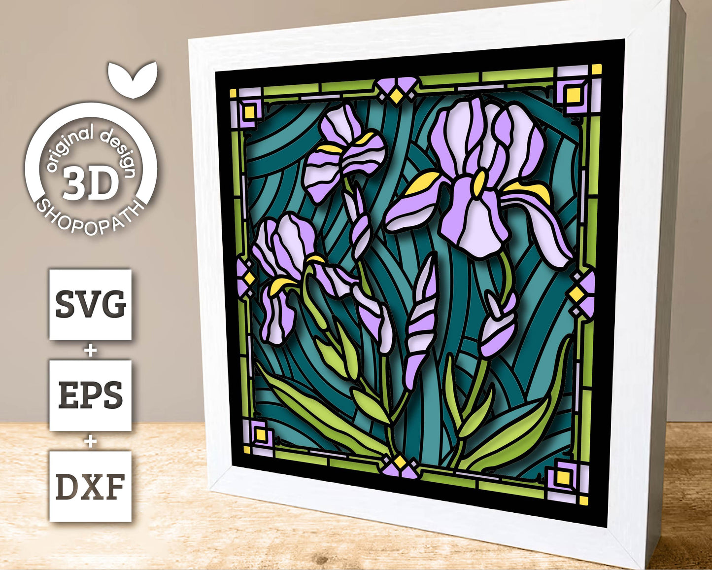 3D SVG Stained Glass Iris Flowers Shadow Box, Iris Bouquet 3d svg, 3D Floral Stained Glass Papercut, Shadow Box svg, Cricut Silhouette