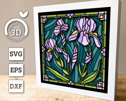 3D SVG Stained Glass Iris Flowers Shadow Box, Iris Bouquet 3d svg, 3D Floral Stained Glass Papercut, Shadow Box svg, Cricut Silhouette