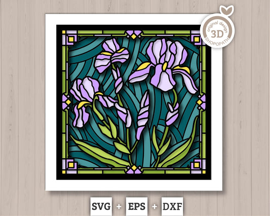 3D SVG Stained Glass Iris Flowers Shadow Box, Iris Bouquet 3d svg, 3D Floral Stained Glass Papercut, Shadow Box svg, Cricut Silhouette