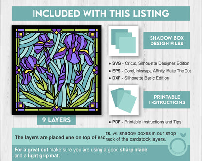 3D SVG Stained Glass Iris Flowers Shadow Box, Iris Bouquet 3d svg, 3D Floral Stained Glass Papercut, Shadow Box svg, Cricut Silhouette