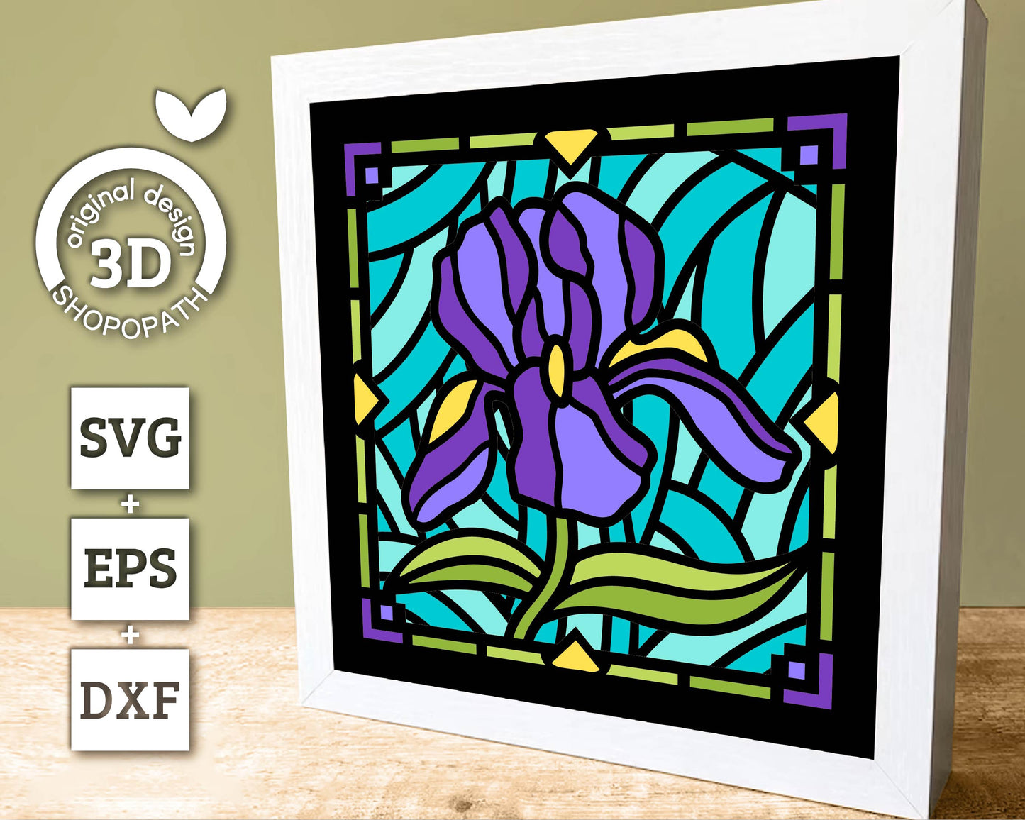 3D SVG Iris Mini Stained Glass Shadow Box, Iris 3D svg, 3D Flowers svg, 3D SVG Stained Glass, Iris Shadow Box svg, Cricut Silhouette