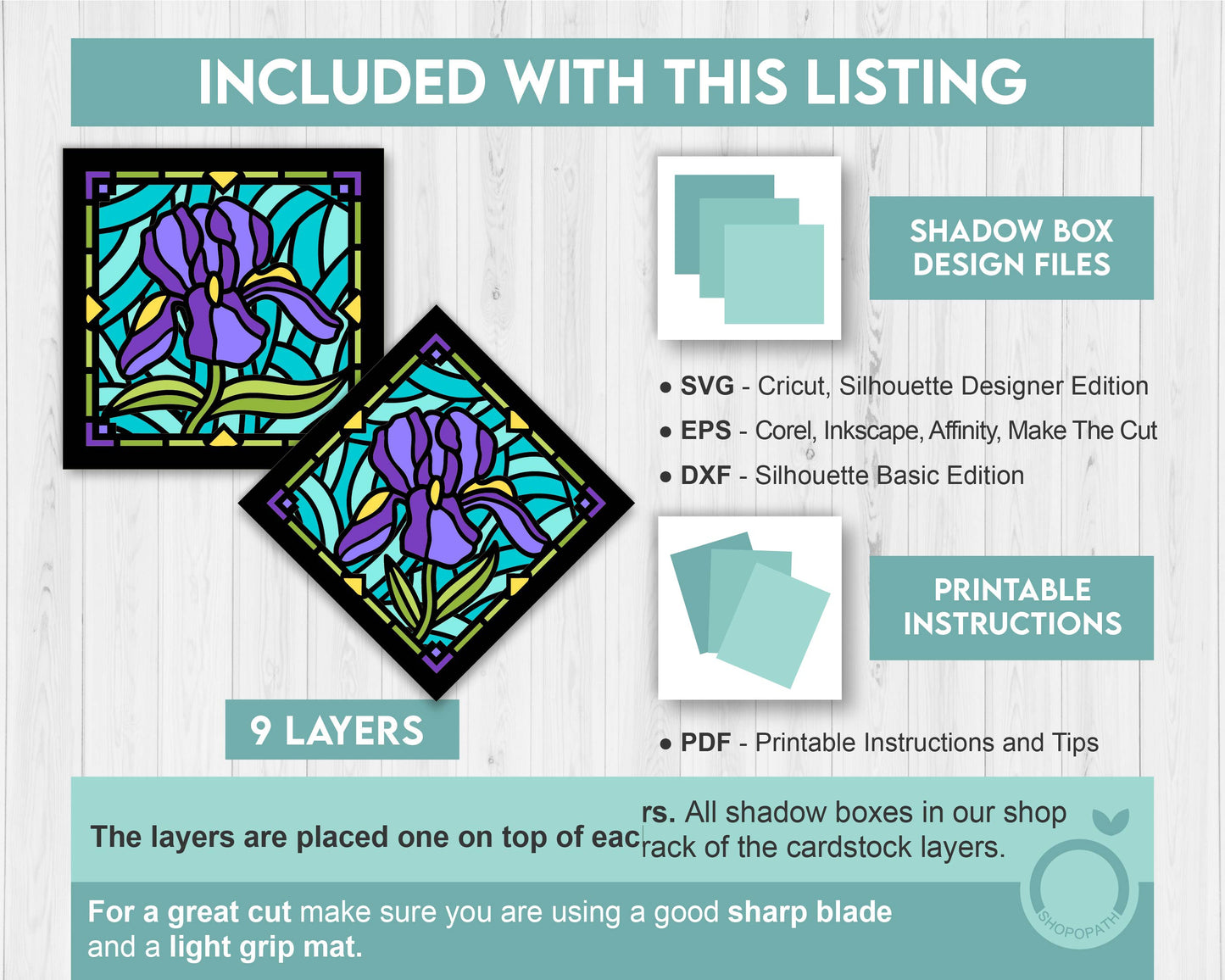 3D SVG Iris Mini Stained Glass Shadow Box, Iris 3D svg, 3D Flowers svg, 3D SVG Stained Glass, Iris Shadow Box svg, Cricut Silhouette