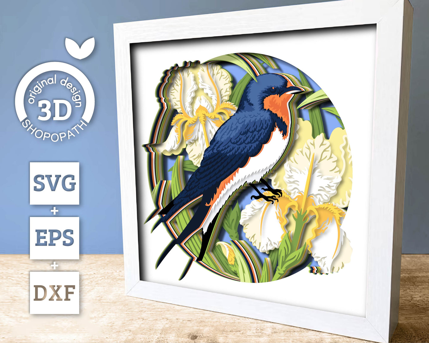 Iris Flowers with Swallow - 3D Shadow Box Layered SVG DXF EPS (Cutting Files)