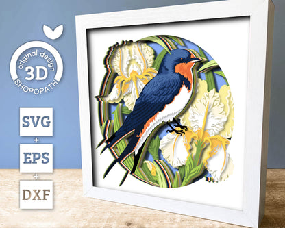 Iris Flowers with Swallow - 3D Shadow Box Layered SVG DXF EPS (Cutting Files)