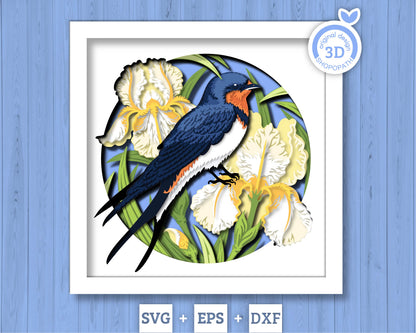 Iris Flowers with Swallow - 3D Shadow Box Layered SVG DXF EPS (Cutting Files)