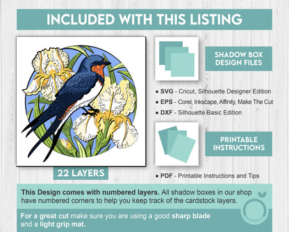 Iris Flowers with Swallow - 3D Shadow Box Layered SVG DXF EPS (Cutting Files)