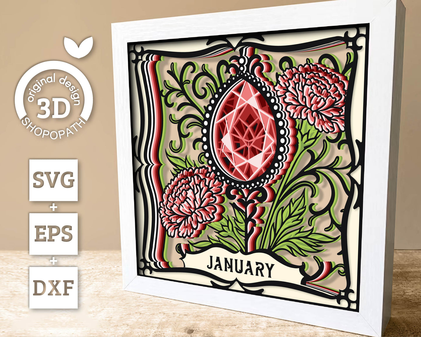January Shadow Box 3D SVG Birth Month Garnet Gemstone with Carnation Flowers, Tattoo Style, Cricut Silhouette With DXF Layered Cutting Files
