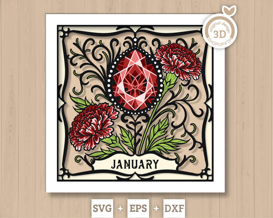 January Shadow Box 3D SVG Birth Month Garnet Gemstone with Carnation Flowers, Tattoo Style, Cricut Silhouette With DXF Layered Cutting Files