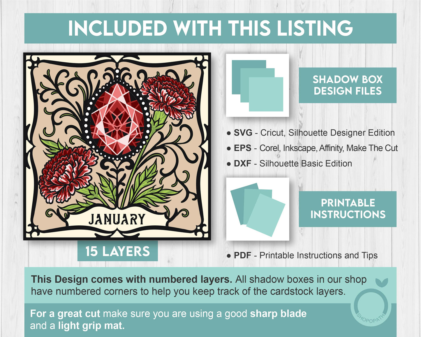 January Shadow Box 3D SVG Birth Month Garnet Gemstone with Carnation Flowers, Tattoo Style, Cricut Silhouette With DXF Layered Cutting Files