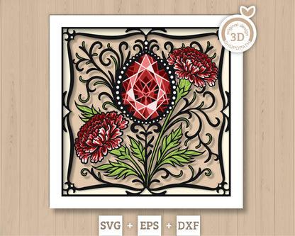 January Shadow Box 3D SVG Birth Month Garnet Gemstone with Carnation Flowers, Tattoo Style, Cricut Silhouette With DXF Layered Cutting Files