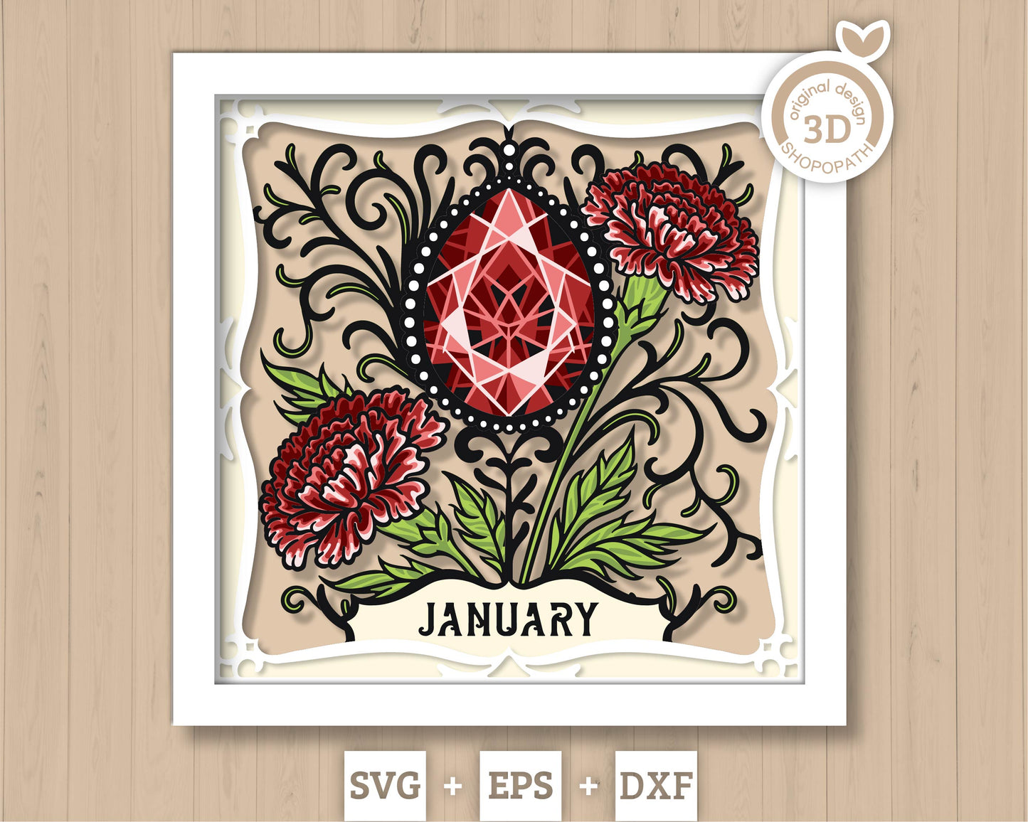 January Shadow Box 3D SVG Birth Month Garnet Gemstone with Carnation Flowers, Tattoo Style, Cricut Silhouette With DXF Layered Cutting Files