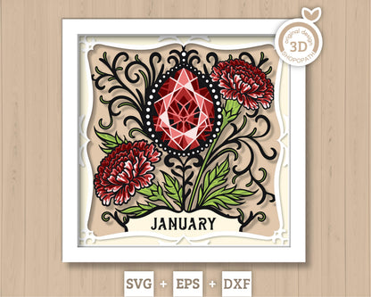 January Shadow Box 3D SVG Birth Month Garnet Gemstone with Carnation Flowers, Tattoo Style, Cricut Silhouette With DXF Layered Cutting Files