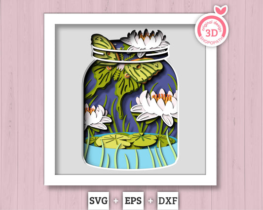 3D Luna Moth Jar Frame Shadow Box SVG, Layered Luna Moth 3D SVG, Lily Flower 3D svg, 3D Summer SVG, 3d Lotus Flower svg, Cricut Silhouette