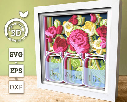 3D Layered Spring Shadow Box, Jar With Flowers 3D SVG , Floral Shadow Box, 3D Svg Spring Layered Papercut, 3d SVG Flowers, Cricut Silhouette