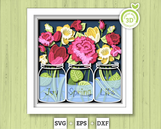 3D Layered Spring Shadow Box, Jar With Flowers 3D SVG , Floral Shadow Box, 3D Svg Spring Layered Papercut, 3d SVG Flowers, Cricut Silhouette