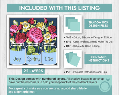 3D Layered Spring Shadow Box, Jar With Flowers 3D SVG , Floral Shadow Box, 3D Svg Spring Layered Papercut, 3d SVG Flowers, Cricut Silhouette