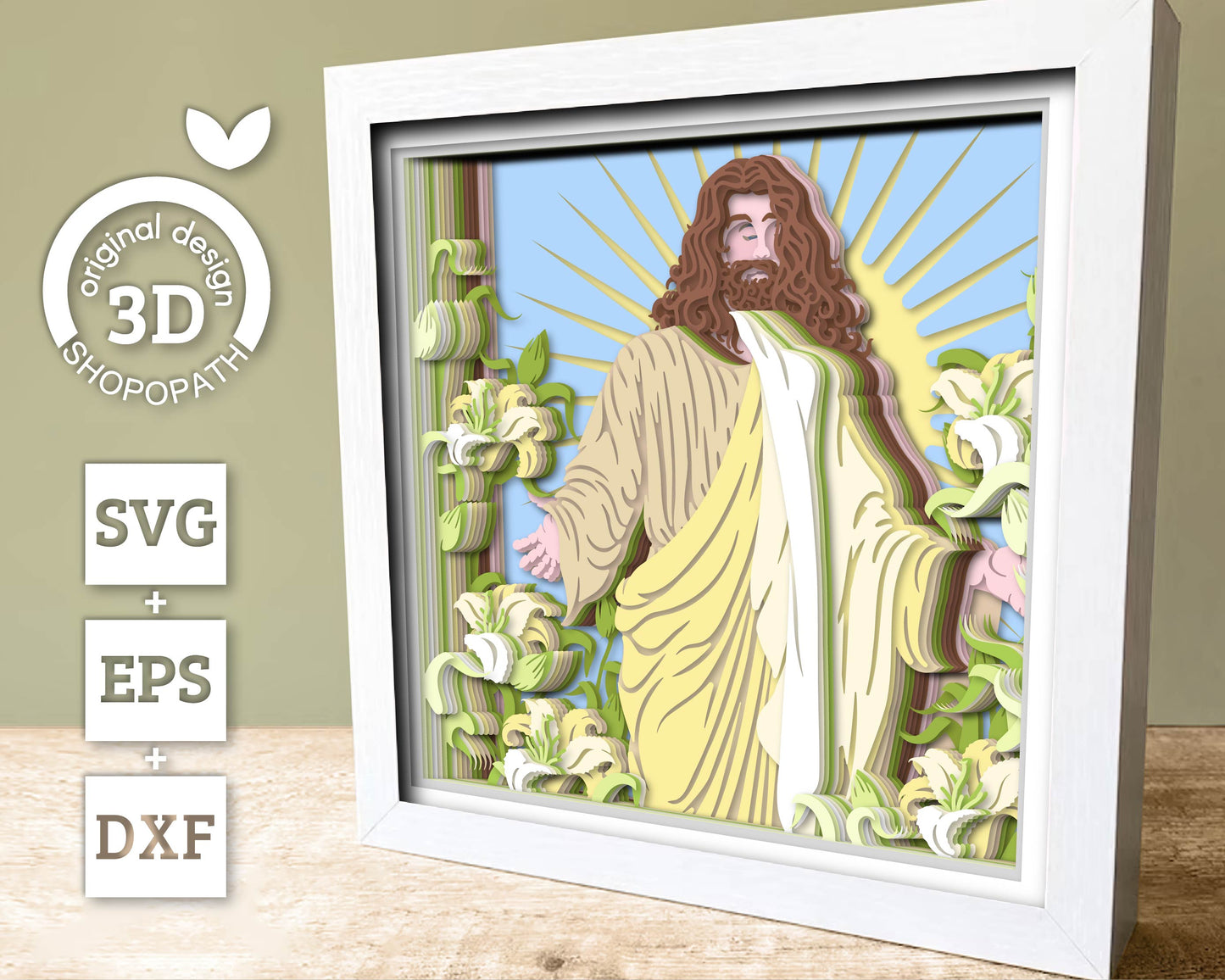 Jesus Easter Resurrection with Lily Flowers - 3D Shadow Box Layered SVG DXF EPS (Cutting Files)