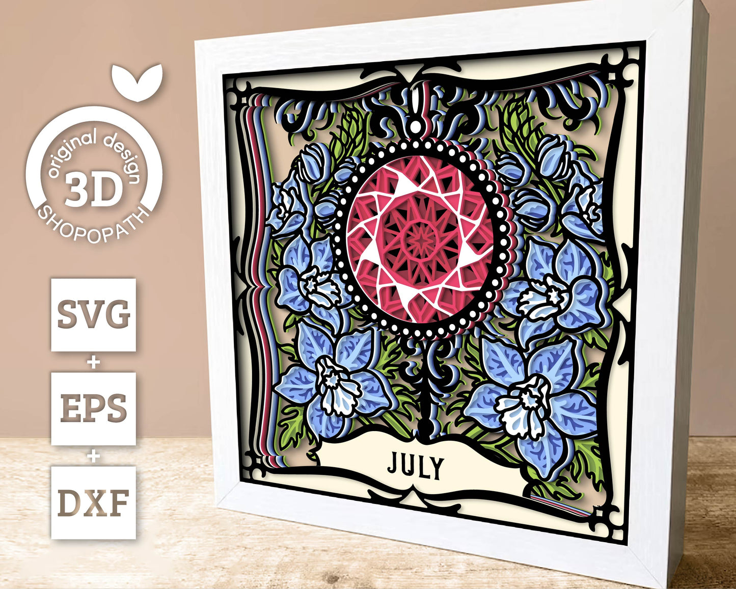 July Shadow Box 3D SVG Birth Month Ruby Gemstone with Larkspur Flowers, Tattoo Style, Cricut Silhouette with DXF Cutting Files