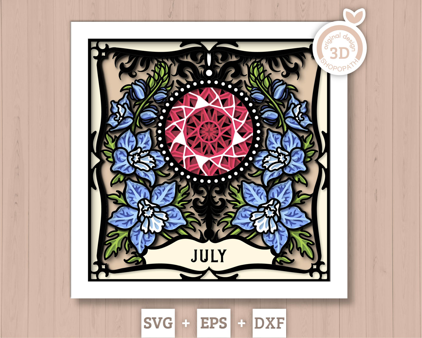 July Shadow Box 3D SVG Birth Month Ruby Gemstone with Larkspur Flowers, Tattoo Style, Cricut Silhouette with DXF Cutting Files