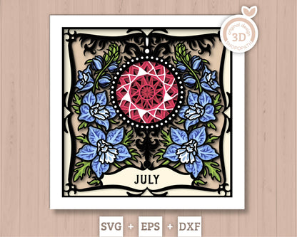 July Shadow Box 3D SVG Birth Month Ruby Gemstone with Larkspur Flowers, Tattoo Style, Cricut Silhouette with DXF Cutting Files