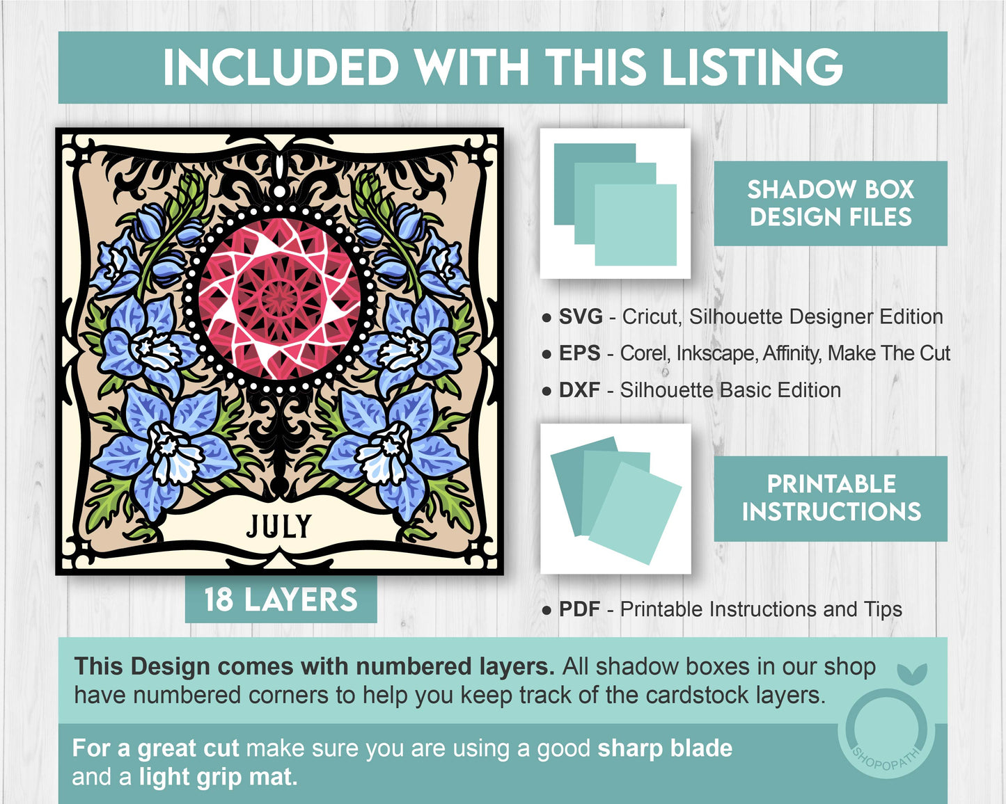 July Shadow Box 3D SVG Birth Month Ruby Gemstone with Larkspur Flowers, Tattoo Style, Cricut Silhouette with DXF Cutting Files