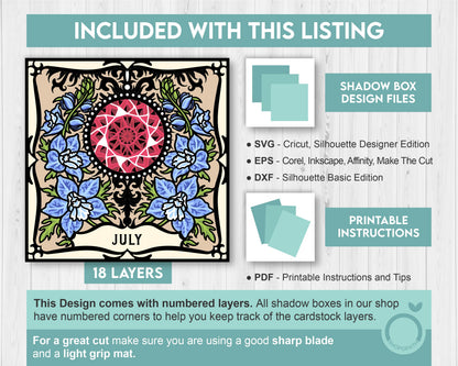 July Shadow Box 3D SVG Birth Month Ruby Gemstone with Larkspur Flowers, Tattoo Style, Cricut Silhouette with DXF Cutting Files