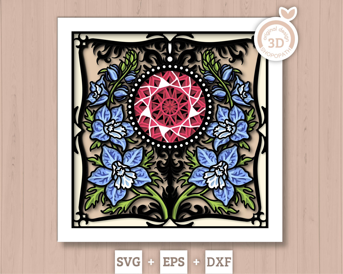 July Shadow Box 3D SVG Birth Month Ruby Gemstone with Larkspur Flowers, Tattoo Style, Cricut Silhouette with DXF Cutting Files