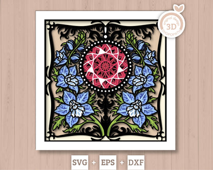 July Shadow Box 3D SVG Birth Month Ruby Gemstone with Larkspur Flowers, Tattoo Style, Cricut Silhouette with DXF Cutting Files
