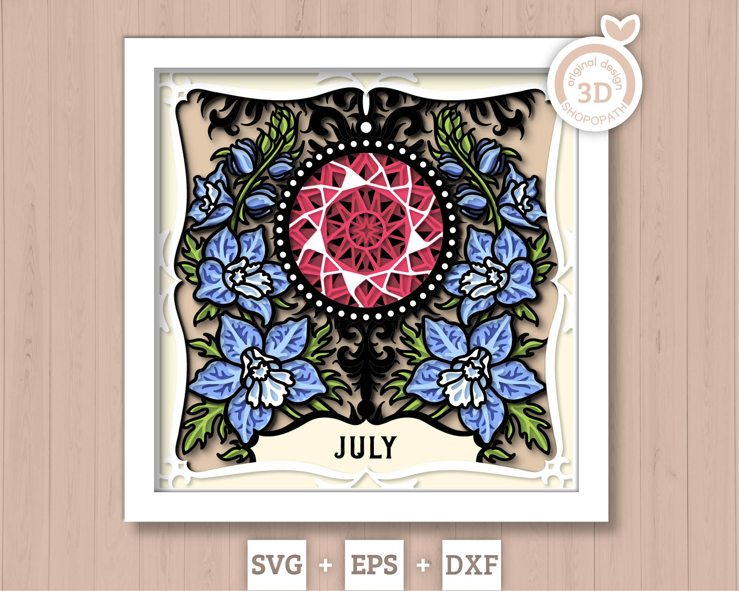 July Shadow Box 3D SVG Birth Month Ruby Gemstone with Larkspur Flowers, Tattoo Style, Cricut Silhouette with DXF Cutting Files