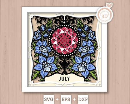 July Shadow Box 3D SVG Birth Month Ruby Gemstone with Larkspur Flowers, Tattoo Style, Cricut Silhouette with DXF Cutting Files