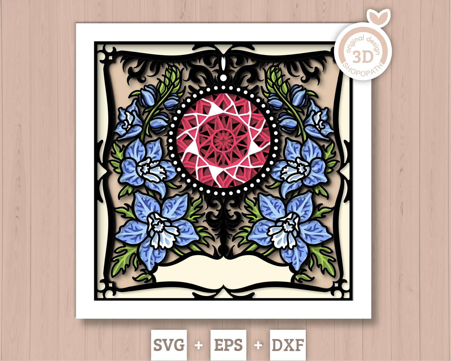 July Shadow Box 3D SVG Birth Month Ruby Gemstone with Larkspur Flowers, Tattoo Style, Cricut Silhouette with DXF Cutting Files