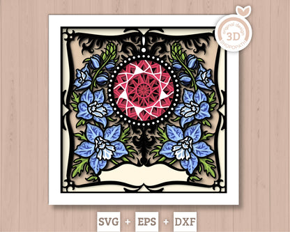 July Shadow Box 3D SVG Birth Month Ruby Gemstone with Larkspur Flowers, Tattoo Style, Cricut Silhouette with DXF Cutting Files