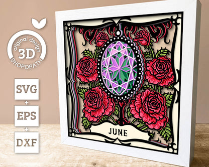 June Shadow Box 3D SVG Birth Month Alexandrite Gemstone with Rose Flowers, Tattoo Style, Cricut Silhouette With DXF Layered Cutting Files