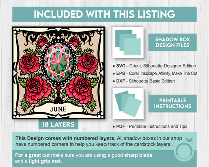 June Shadow Box 3D SVG Birth Month Alexandrite Gemstone with Rose Flowers, Tattoo Style, Cricut Silhouette With DXF Layered Cutting Files
