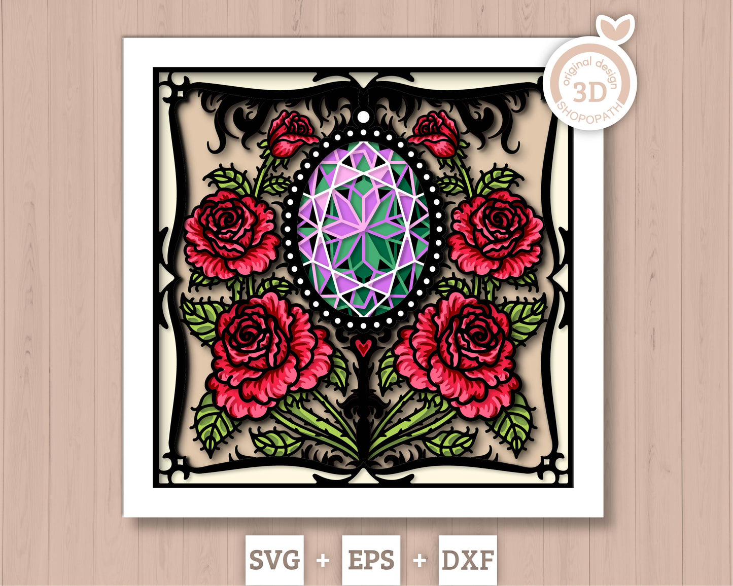 June Shadow Box 3D SVG Birth Month Alexandrite Gemstone with Rose Flowers, Tattoo Style, Cricut Silhouette With DXF Layered Cutting Files