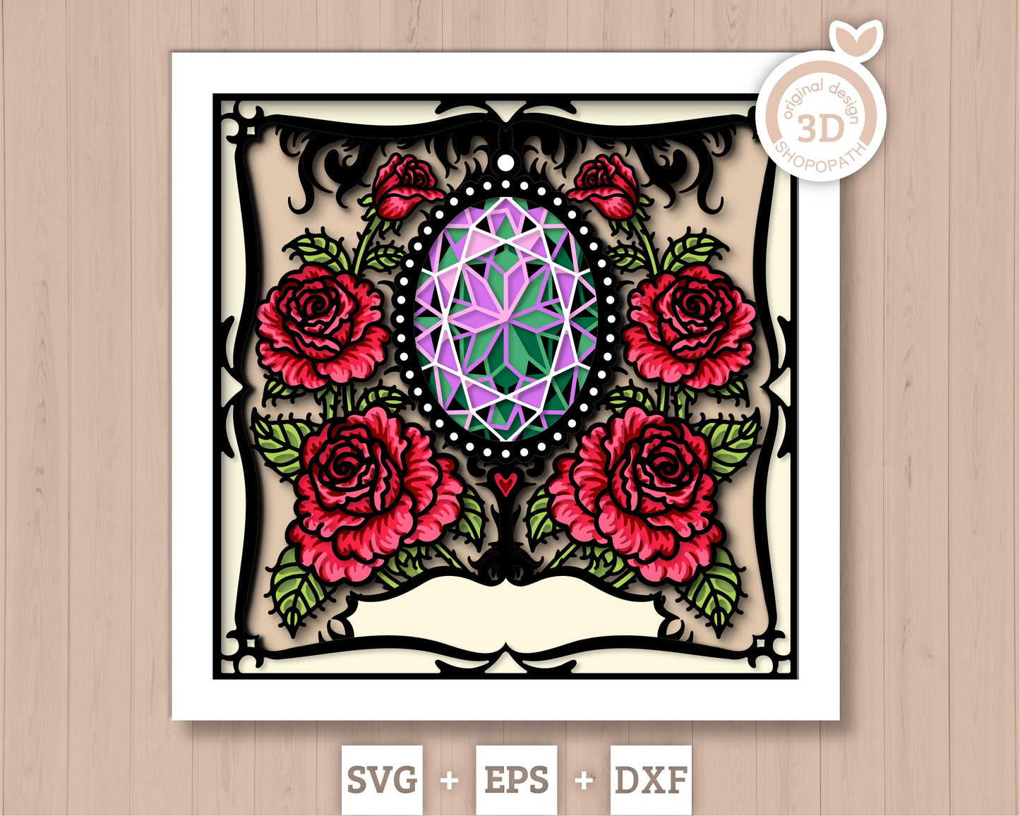 June Shadow Box 3D SVG Birth Month Alexandrite Gemstone with Rose Flowers, Tattoo Style, Cricut Silhouette With DXF Layered Cutting Files