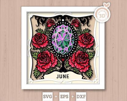 June Shadow Box 3D SVG Birth Month Alexandrite Gemstone with Rose Flowers, Tattoo Style, Cricut Silhouette With DXF Layered Cutting Files